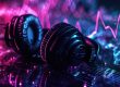 Leuchtende Kopfhörer auf Mischpult, umgeben von neonfarbenen Klangwellen.