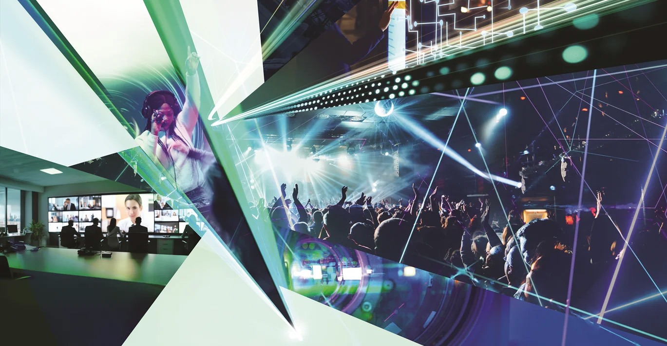 A dynamic key visual composed of concert scene, DJ, laser light and conference room elements.
