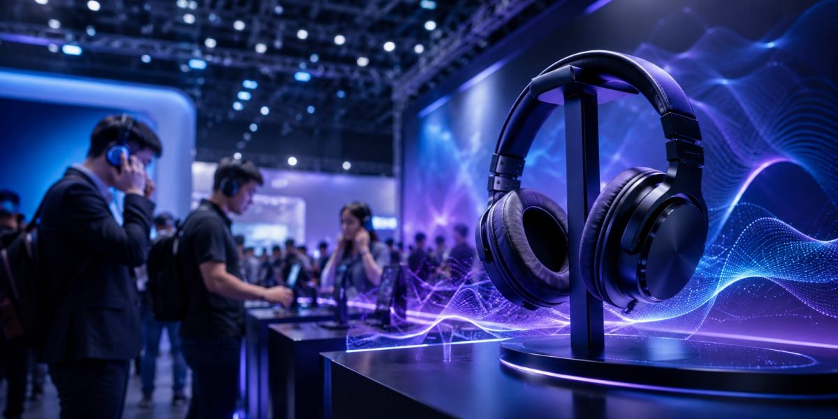 Kopfhörer auf Messestand mit Besuchern und futuristischen Soundwellen