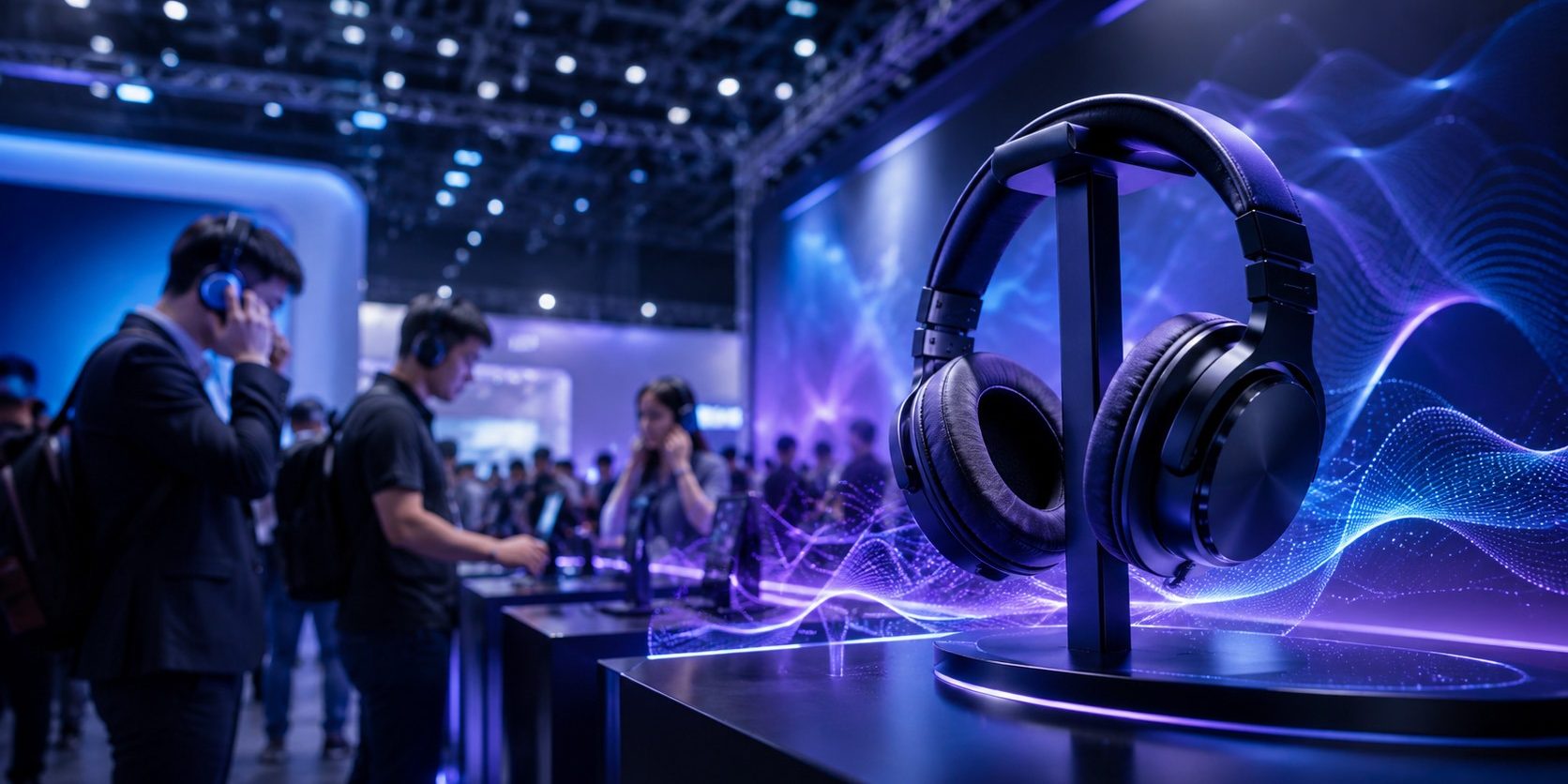Kopfhörer auf Messestand mit Besuchern und futuristischen Soundwellen