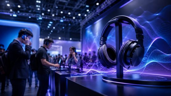 Kopfhörer auf Messestand mit Besuchern und futuristischen Soundwellen