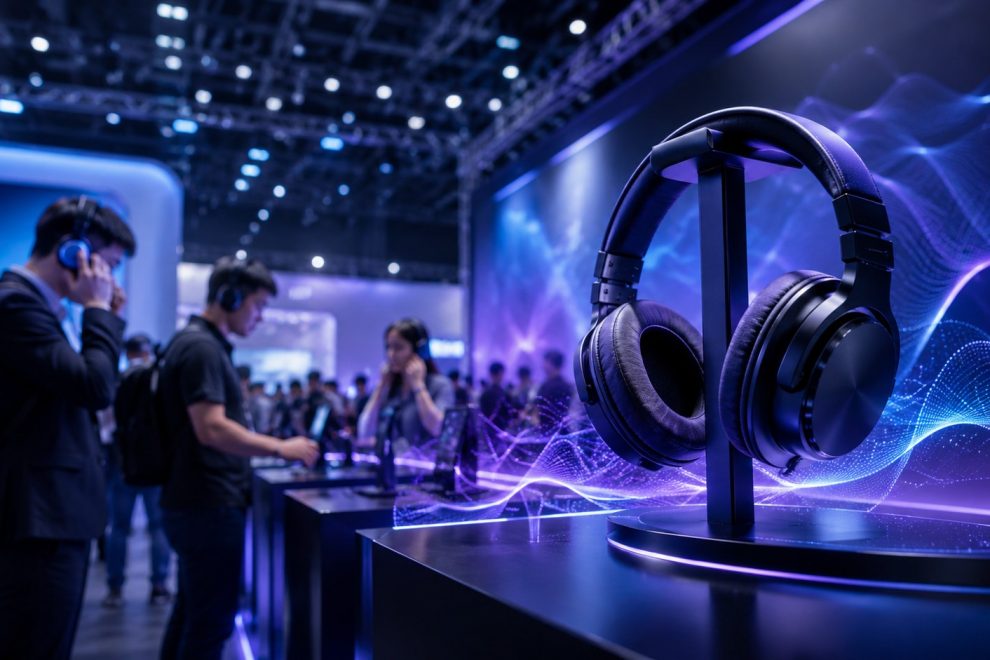 Kopfhörer auf Messestand mit Besuchern und futuristischen Soundwellen