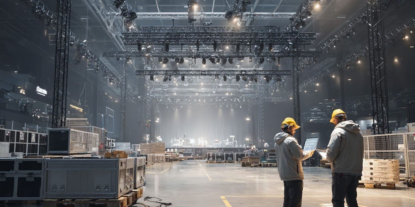 risk-assassment-event Aufbau einer Veranstaltungshalle mit Traversen, Technik und zwei Technikern bei der Planung