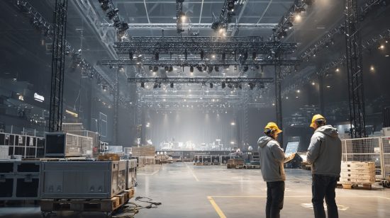 Aufbau einer Veranstaltungshalle mit Traversen, Technik und zwei Technikern bei der Planung