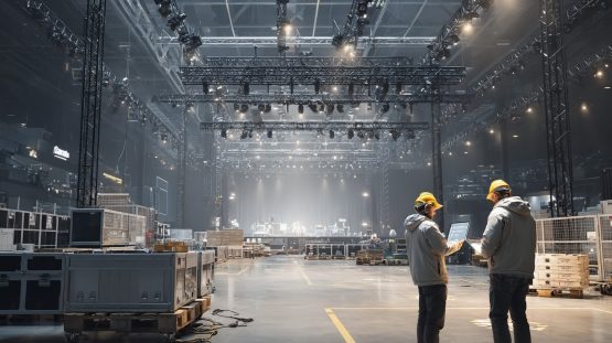 Aufbau einer Veranstaltungshalle mit Traversen, Technik und zwei Technikern bei der Planung