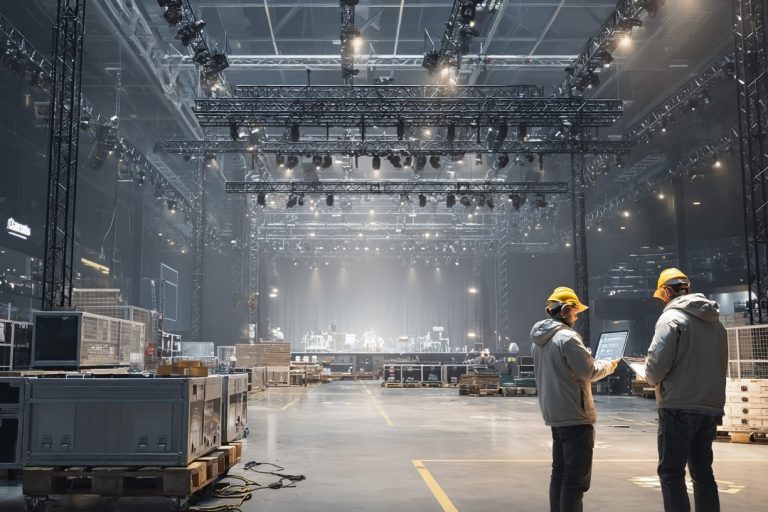 Aufbau einer Veranstaltungshalle mit Traversen, Technik und zwei Technikern bei der Planung