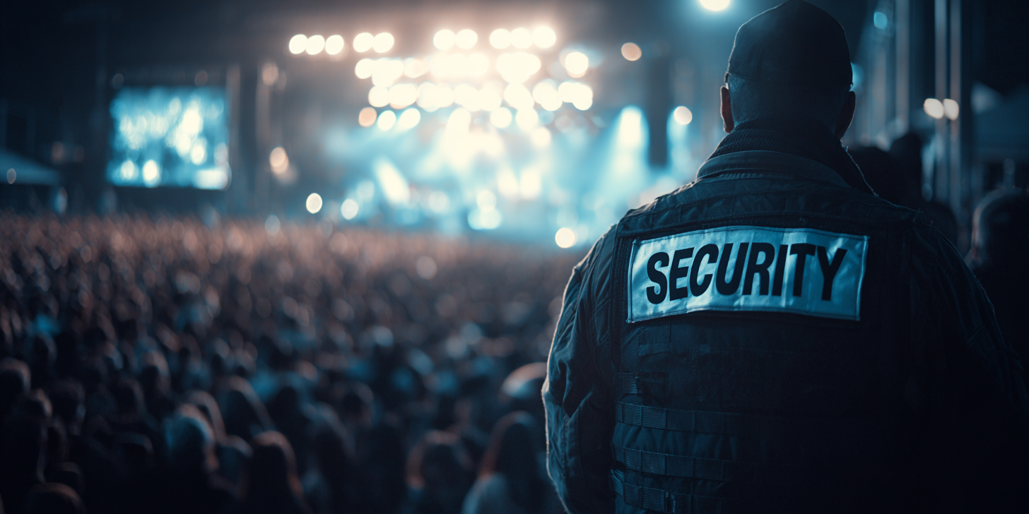 Security-Mitarbeiter blickt auf große Menschenmenge vor beleuchteter Bühne