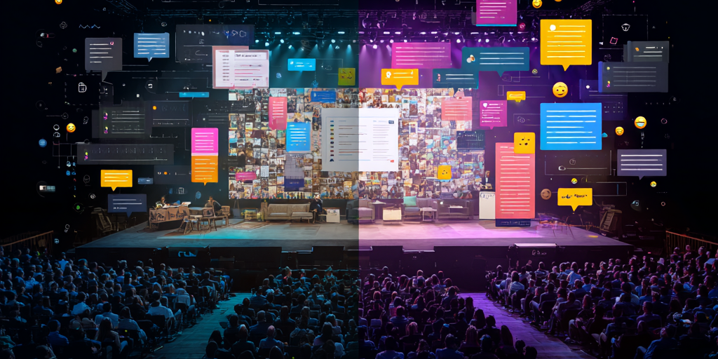 Social Media Events: Bühne, Ton und Licht optimal in Szene setzen Großveranstaltung mit digitaler Bühneninszenierung, interaktiven Social-Media-Elementen und einem Live-Publikum im Saal