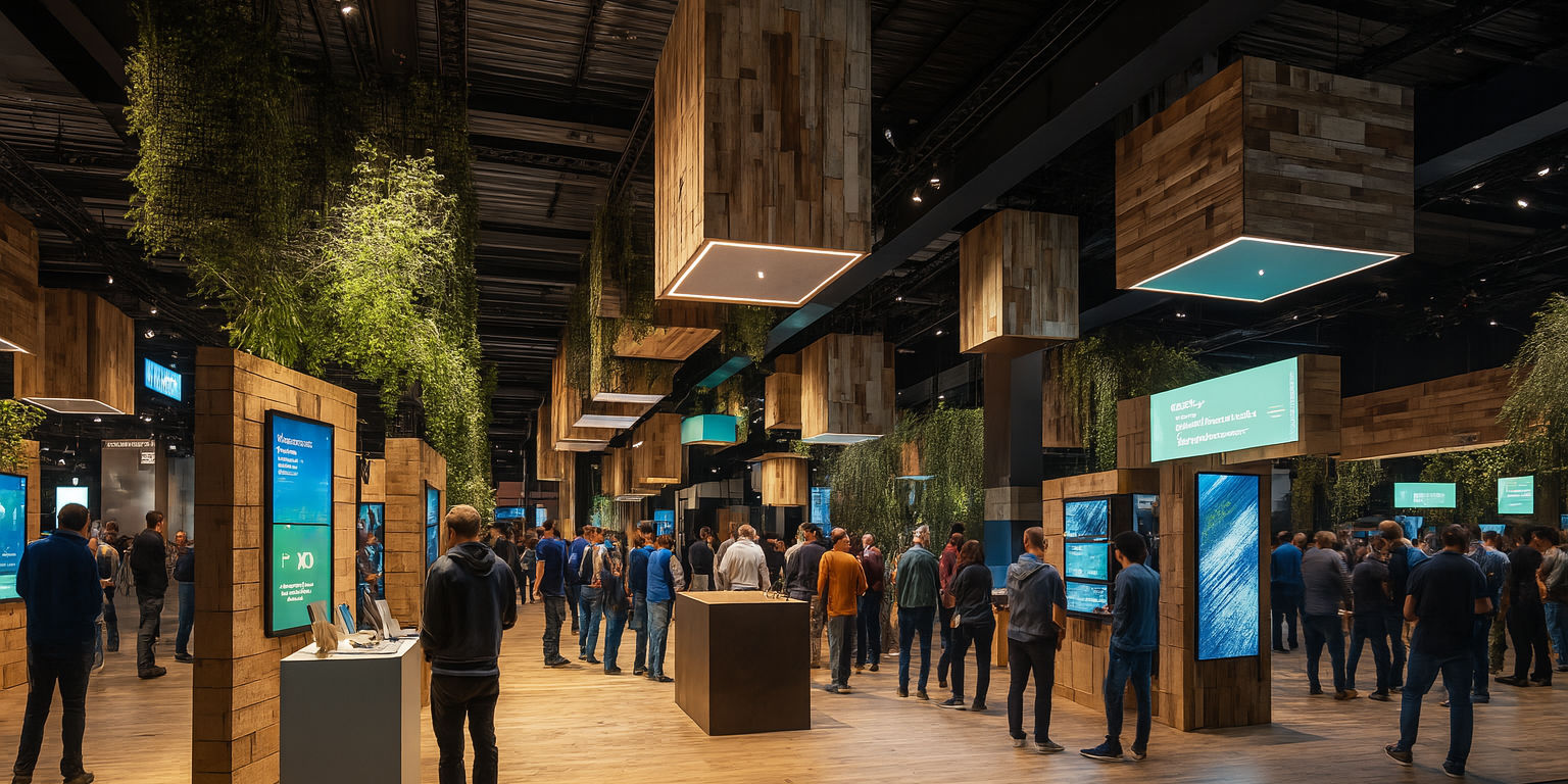 Moderner Messebau mit digitalen Elementen und Naturmaterialien als Beispiel für nachhaltige Unterhaltungserlebnisse der Zukunft